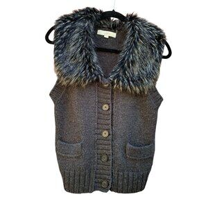 Ann Taylor LOFT Gray Wool Button-up Sweater Vest w/ Faux Fur Collar Women Size M
